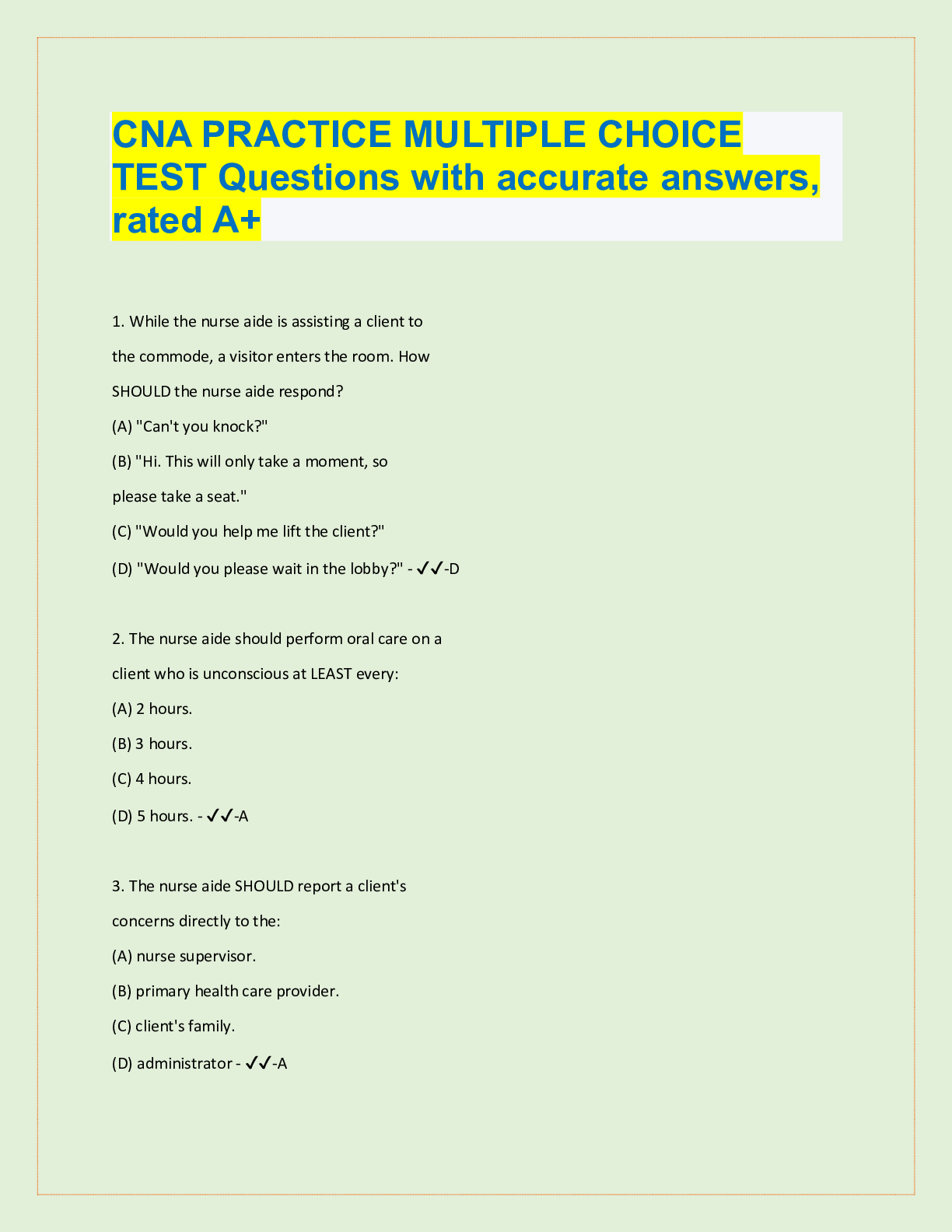 Preview image for CNA PRACTICE MULTIPLE CHOICE  TEST Questions with accurate answers,  rated A+